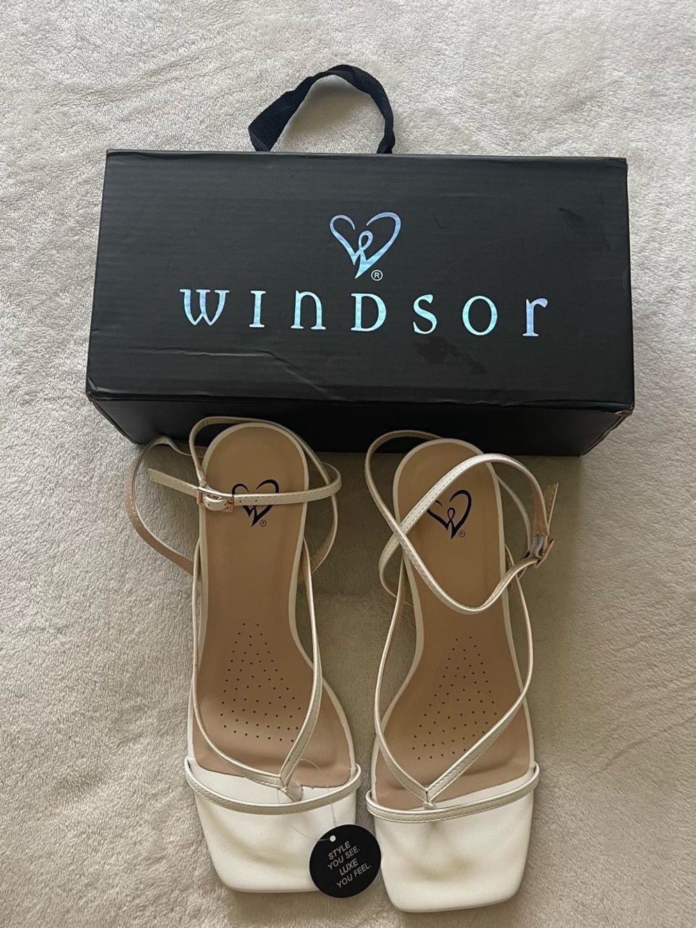 Windsor White Strappy Square-Toe Heeled Sandal kitten heels